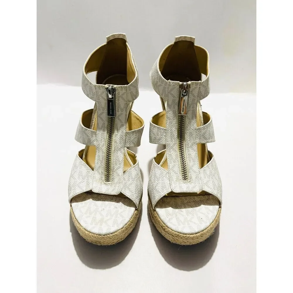 Michael Michael Kors espadrille wedges white gray logo zipper comfy women's 10.5